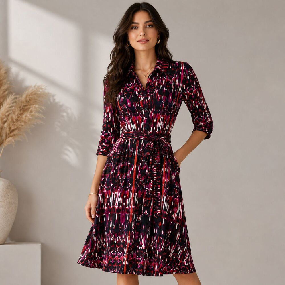 Laundry by Shelli Segal abstract print belted midi dress size 4 casual